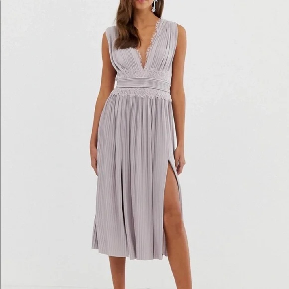 ASOS Gray Pleated Midi Sundress with Plunge Neckline